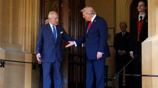 King Charles III (left) formally bids farewell to US President Donald Trump at Windsor Castle, Berkshire, on day two of his state visit to the UK
