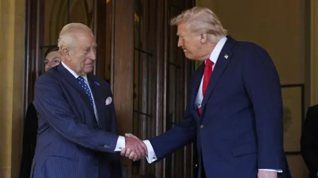 King Charles III (left) formally bids farewell to US President Donald Trump at Windsor Castle, Berkshire, on day two of his state visit to the UK, September 18, 2025.