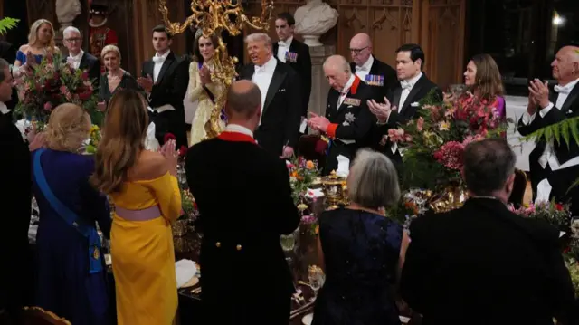 US President Donald Trump, alongside King Charles III, the Princess of Wales, US Secretary of State Marco Rubio and guests attend the state banquet for the US President and First Lady Melania Trump at Windsor Castle