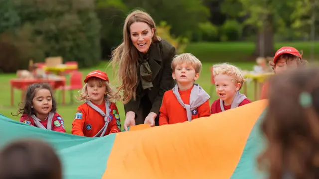 The Princess of Wales meets members of the Scouts' Squirrels programme in Frogmore Gardens in Windsor, Berkshire, on day two of US President Donald Trump's second state visit to the UK