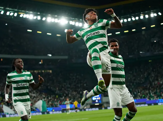 Alisson Santos of Sporting CP celebrates after scoring a goall during the UEFA Champions League 2025/26 League Phase MD1 match between Sporting CP and FC Kairat Almaty at Estadio Jose Alvalade on September 18, 2025 in Lisbon, Portugal.