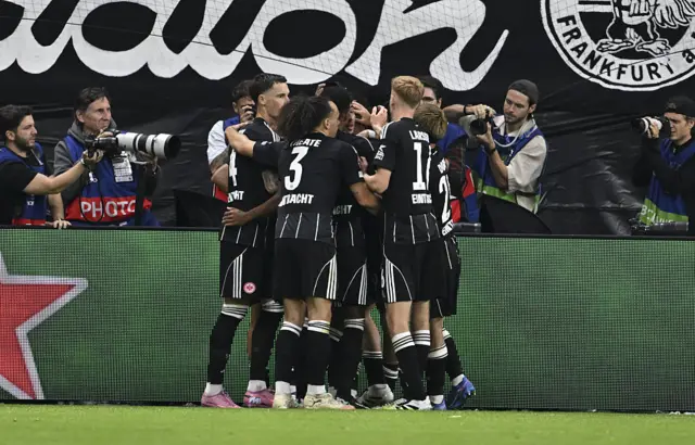 Players of Eintracht Frankfurt celebrate after scoring a goal
