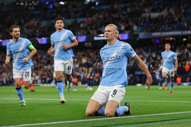 Erling Braut Haaland of Manchester City celebrates after scoring their side's first goal d