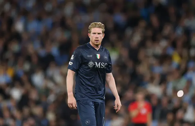 Kevin De Bruyne of Napoli looks on during the UEFA Champions League 2025/26 League Phase MD1 match between Manchester City and SSC Napoli at City of Manchester Stadium on September 18, 2025 in Manchester, England.