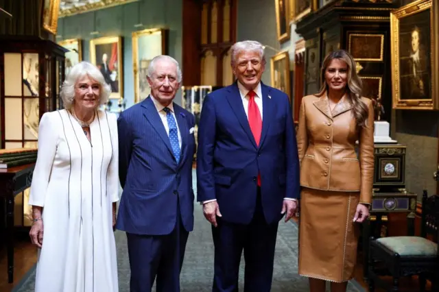 U.S. President Donald Trump and first lady Melania Trump stand next to Britain's King Charles and Queen Camilla as they bid their farewells while they depart Windsor Castle, in Windsor, Britain, September 18, 2025.