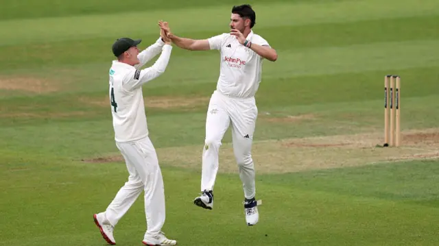 Notts' Josh Tongue celebrates the wicket of Ben Foakes