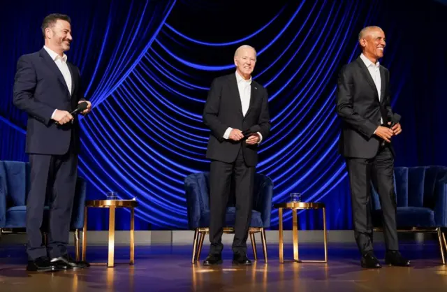 Obama, Kimmel, and Biden in suits at fundraiser