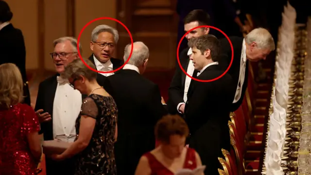 Several people at the banquest last night milling around and chatting, including Jensen Huang and Sam Altman, who are circled in the image.