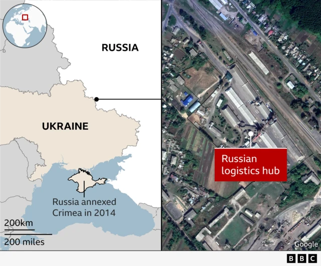 A composite image showing the location inside Russia close to the Ukraine border (left) and a satellite image of the base before it was attacked (right)