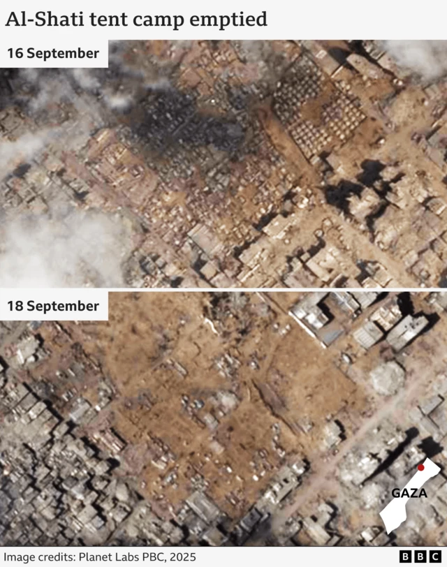 A graphic showing the camp with tents on 16 September (top) and with most cleared on 18 September (bottom)