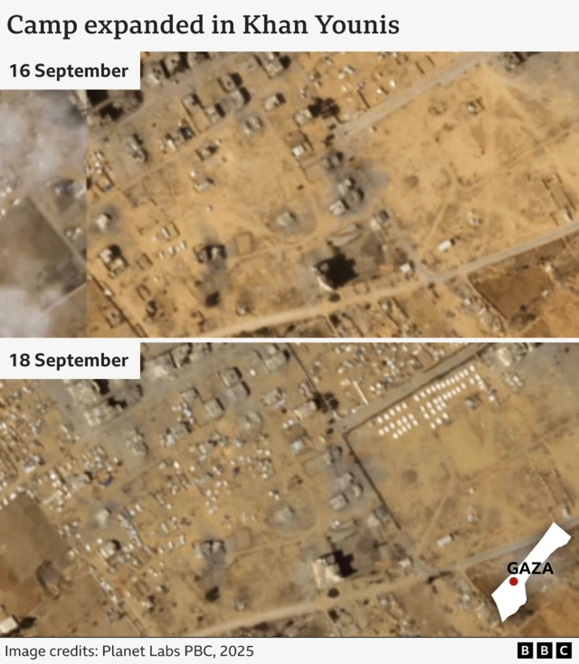 Annotated satellite imagery showing a growing camp for internally displaced people at Khan Younis