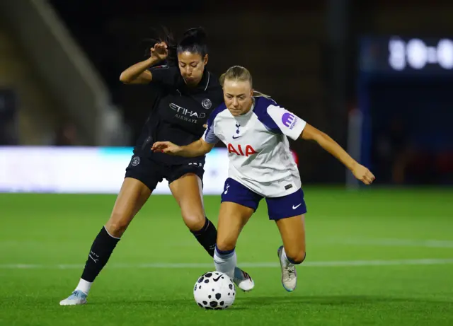 Tottenham Hotspur's Olga Ahtinen in action with Manchester City's Leila Ouahabi