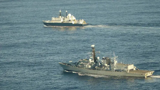 HMS Somerset (bottom) was deployed to escort the Russian ship Yantar (top) near UK waters in January. Defence Secretary John Healey said Yantar was "used for gathering intelligence and mapping the UK's critical underwater infrastructure"