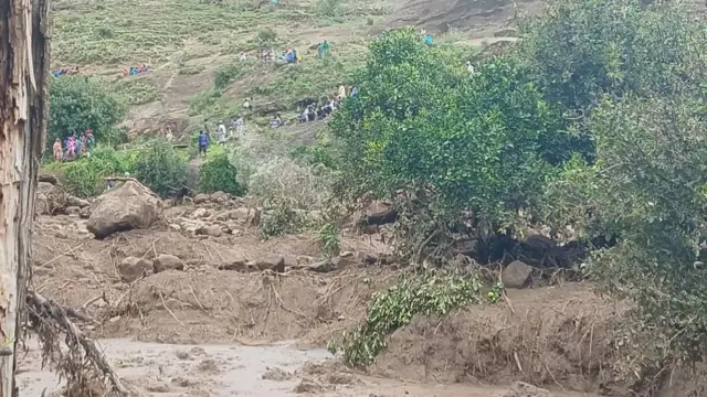 A screengrab from a video provided by the local armed group that appears to show the aftermath of the landslide