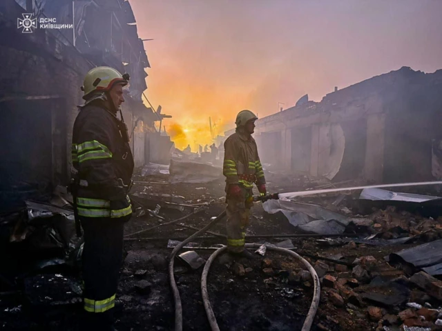 An image supplied by the State Emergency Service of Ukraine shows firefighters tackling a blaze in Bila Tserkva