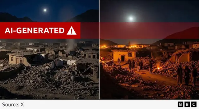 A diptych of two images showing damages houses and rubble, with a bright red banner that reads "AI-Generated" running across both images.