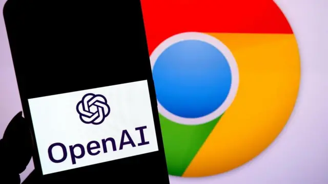 A phone with the OpenAI logo on its screen. In the background is the round multi coloured Chrome logo.