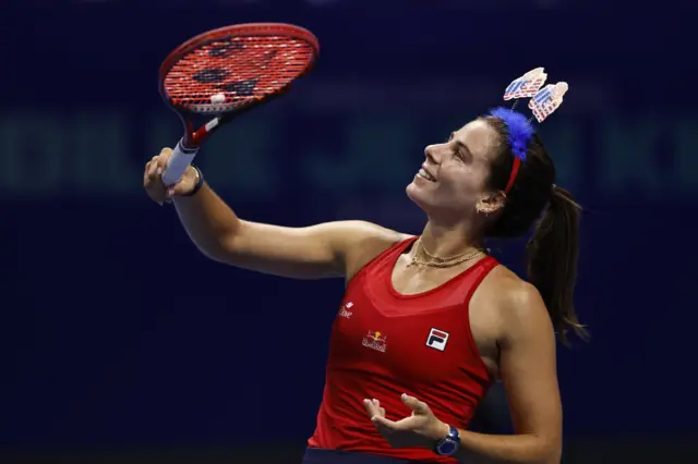 Emma NAvarro clebrates winning match for United States in Billie Jean King Cup semi-final