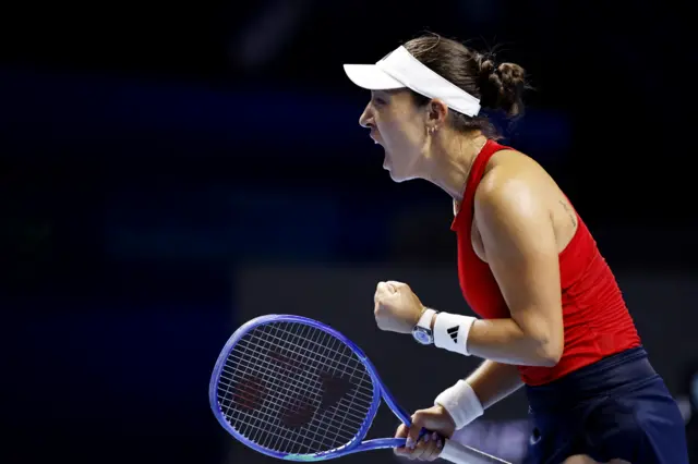Jessica Pegula celebrates winning match against Katie Boulter for United States in BIllie Jean King Cup