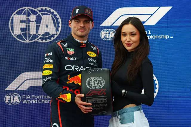 Max Verstappen holds th Pirelli Pole Award