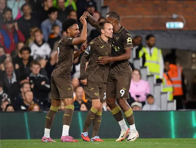 Brentford celebrate as Mikkel Damsgaard scores against Fulham