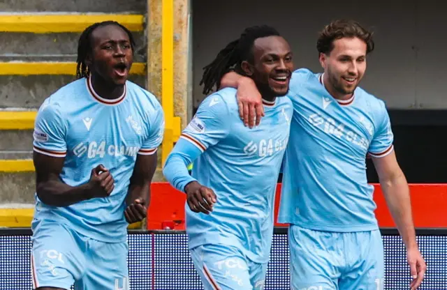 Regan Charles-Cook (centre) celebrates a fantastic strike