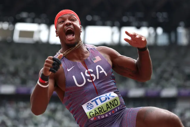 Kyle Garland of Team USA reacts in the Shot Put leg in the Men's Decathlon.