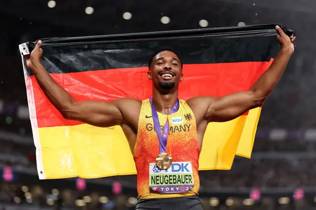 Germany's Leo Neugebauer celebrates winning gold in the decathlon.