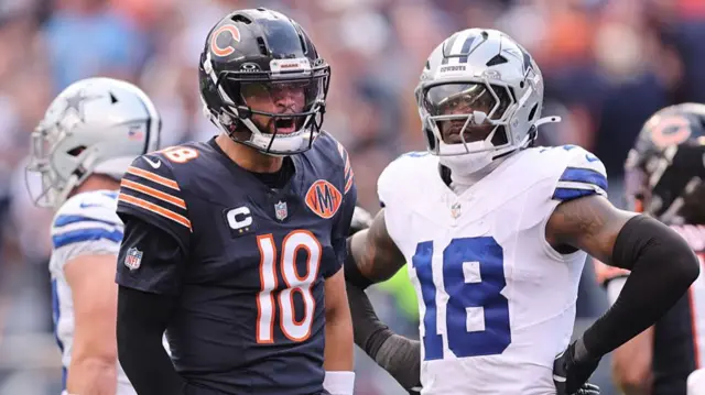Caleb Williams shouts as the Chicago Bears play the Dallas Cowboys