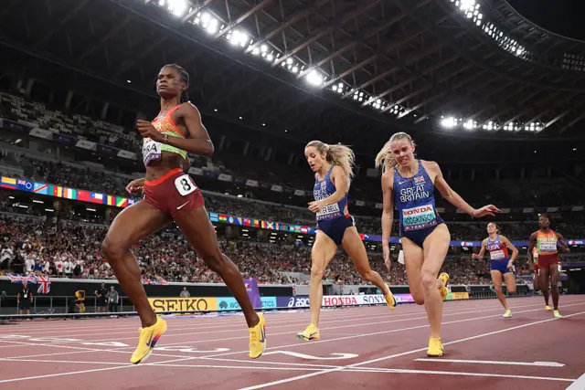 Lilian Odira, Georgia Hunter-Bell and Keely Hodgkinson crossing the finish line in the women's 800m final.