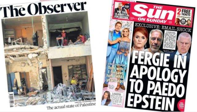 A composite image of the front pages of the Observer and the Sun on 21 September 2025