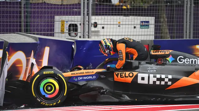 Oscar Piastri gets out of his McLaren after crashing out on the first lap of the Azerbaijan Grand Prix
