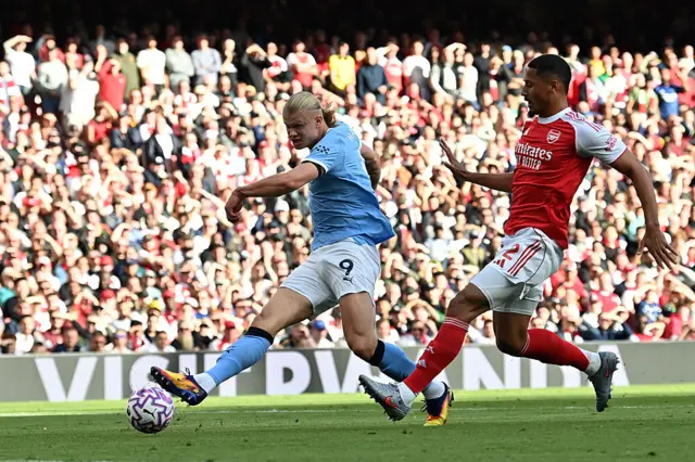 Erling Haaland scores for Manchester City against Arsenal