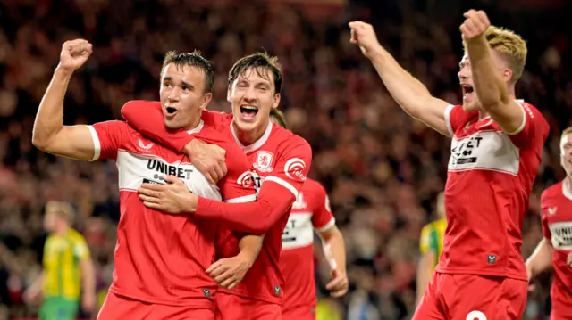 David Strelec of Middlesbrough celebrating with team mates after scoring against West Brom