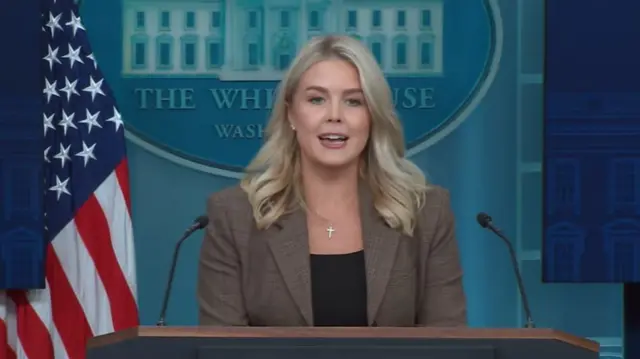 Karoline Leavitt at the podium, wearing a brown jacket over a black top. The American flag is behind her on her right