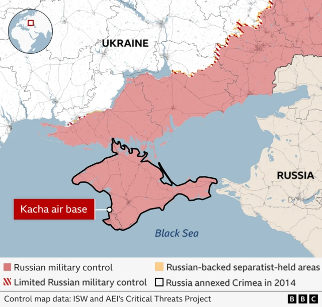 A BBC map showing the location of the Kacha air base in Russia-annexed Crimea and its location relative to Ukraine and Russia