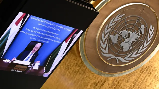 Mahmoud Abbas appears on a screen at the UN