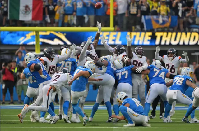 Los Angeles Chargers kicker Cameron Dicker hits the game-winning field goal against the Denver Broncos