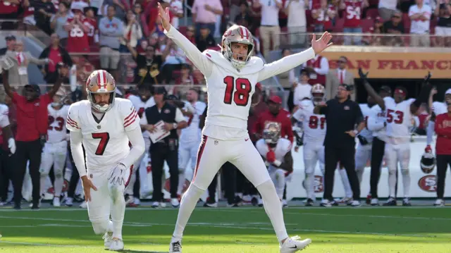 San Francisco 49ers kicker Eddy Pineiro celebrates after kicking the game-winning field goal against the Arizona Cardinals