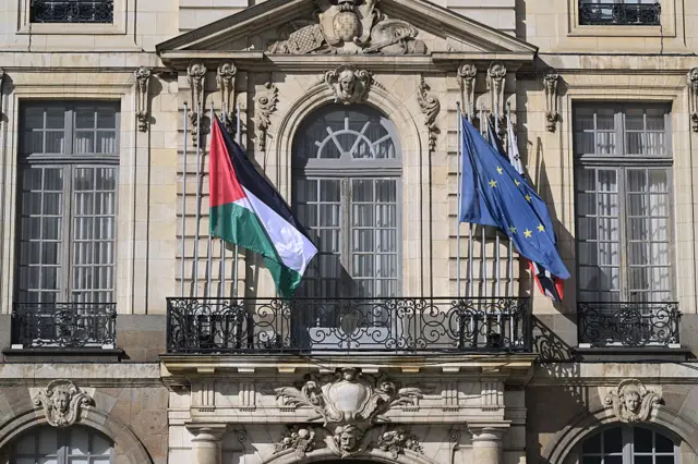 The Palestinian state flag flies at the entrance of the City hall of Rennes, western France, the day France's planned recognition of a Palestinian state at the United Nations on September 22, 2025.