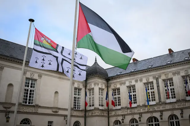 The Palestinian state flag flies at the entrance of the City hall of Nantes, the day France's planned recognition of a Palestinian state at the United Nations on September 22, 2025