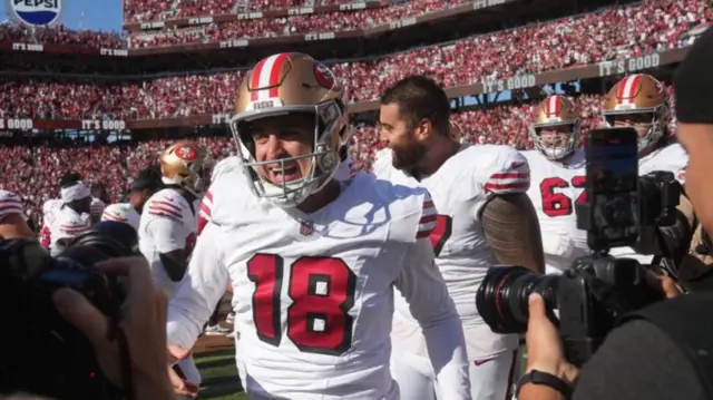 San Francisco 49ers kicker Eddy Pineiro celebrates after kicking the game-winning field goal against the Arizona Cardinals