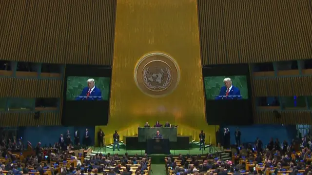 President Trump's image is projected onto screens at the UN General Assembly