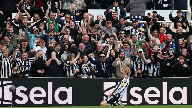 Nick Woltemade celebrates scoring his first goal for Newcastle against Wolves in his first match for the club