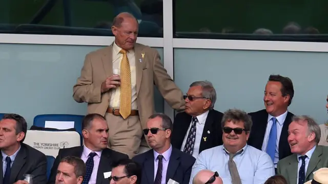 Former Yorkshire legend Geoffrey Boycott (l) chats with Yorkshire president Harold 'Dickie' Bird as Prime Minister David Cameron looks on