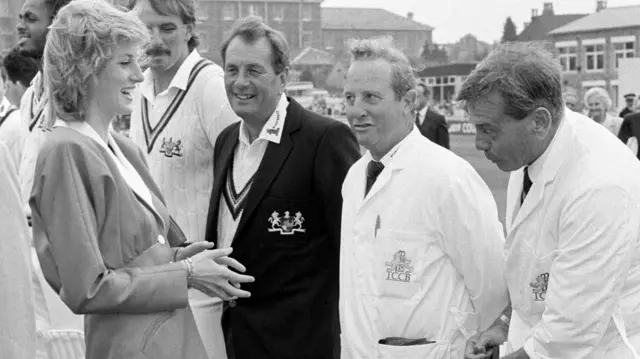 the Princess of Wales admiring umpire Dickie Bird's long socks and thermal underwear