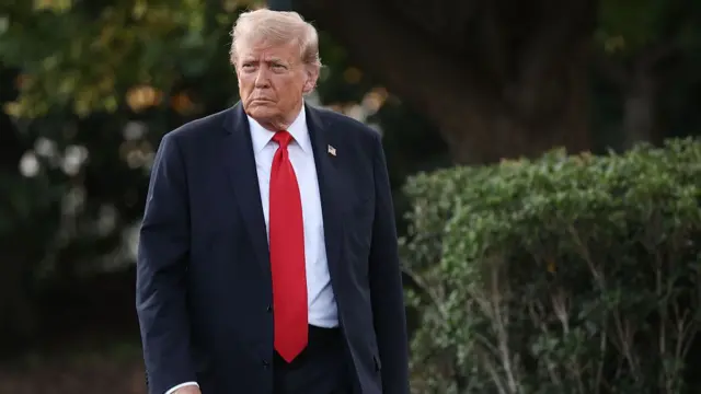 Donald Trump mid-shot as he walks on the lawn outside the White House