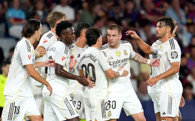 Real Madrid's players congratulate Franco Mastantuono on his goal