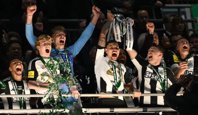 Bruno Guimares and Kieran Trippier lift the Carabao Cup