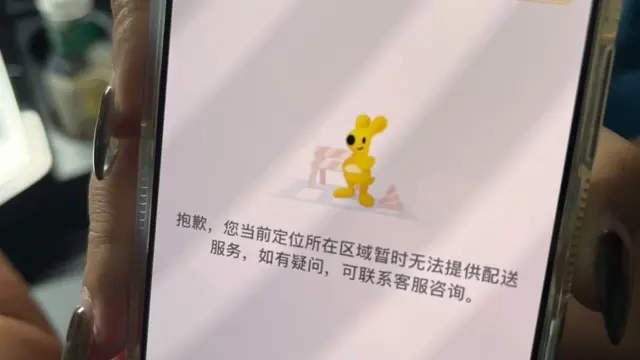 A close-up of a phone screen showing a yellow kangaroo of a food delivery app, with words on the screen saying that delivery services are not available in the user's location